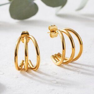 18K Gold Plated Triple Hoop Earrings Stainless Steel Small Minimalist Split Stud